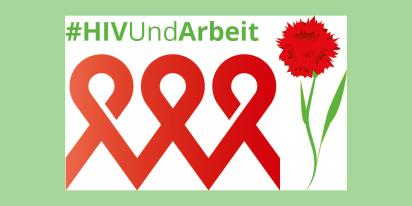 Logo mit Schriftzug HIV und Arbeit, darunter drei rote Schleifen, daneben eine rote Nelke