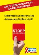 Plakat Mit HIV leben geht rote Karte mit der Aufschrift Stopp
