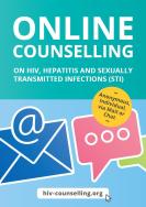 Illustrationen einer Chatblase und Email. Titel "Online counseling on HIV, Hepatits and sexually transmitted infections (STI)"