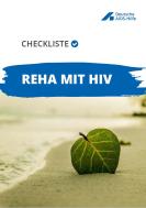 Strand mit Wellen. Im Sand steckt ein Blatt. Titel "Checkliste Reha mit HIV"