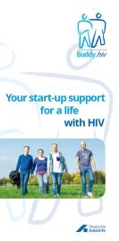 Weißer Hintergrund. Symbol des Buddy Projektes. Foto von vier Personen, die über eine Wiese laufen.