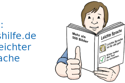 Text: Neu: Aidshilfe.de in Leichter Sprache, daneben eine Person, die ein Buch liest und sich freut, weil sie alles versteht