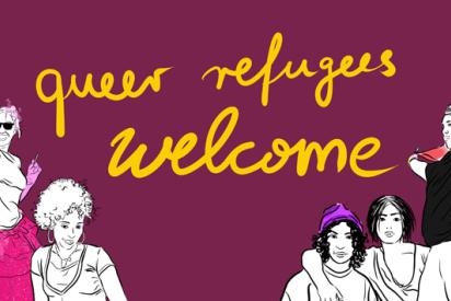 Gezeichnete Personen schwenken Regenbogenfahne auf der Startseite von queerrefugeeswelcome.de