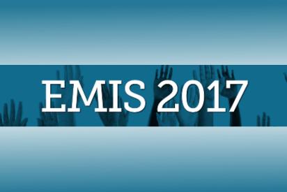 Schriftzug EMIS 2017, blauer Hintergrund, darauf eine Reihe hoch gestreckter Arme und Hände