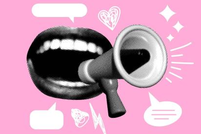 Collage mit schreiendem Mund, Megafon und Sprechblasen auf rosa Hintergrund. Halbton-Zeitungselemente.